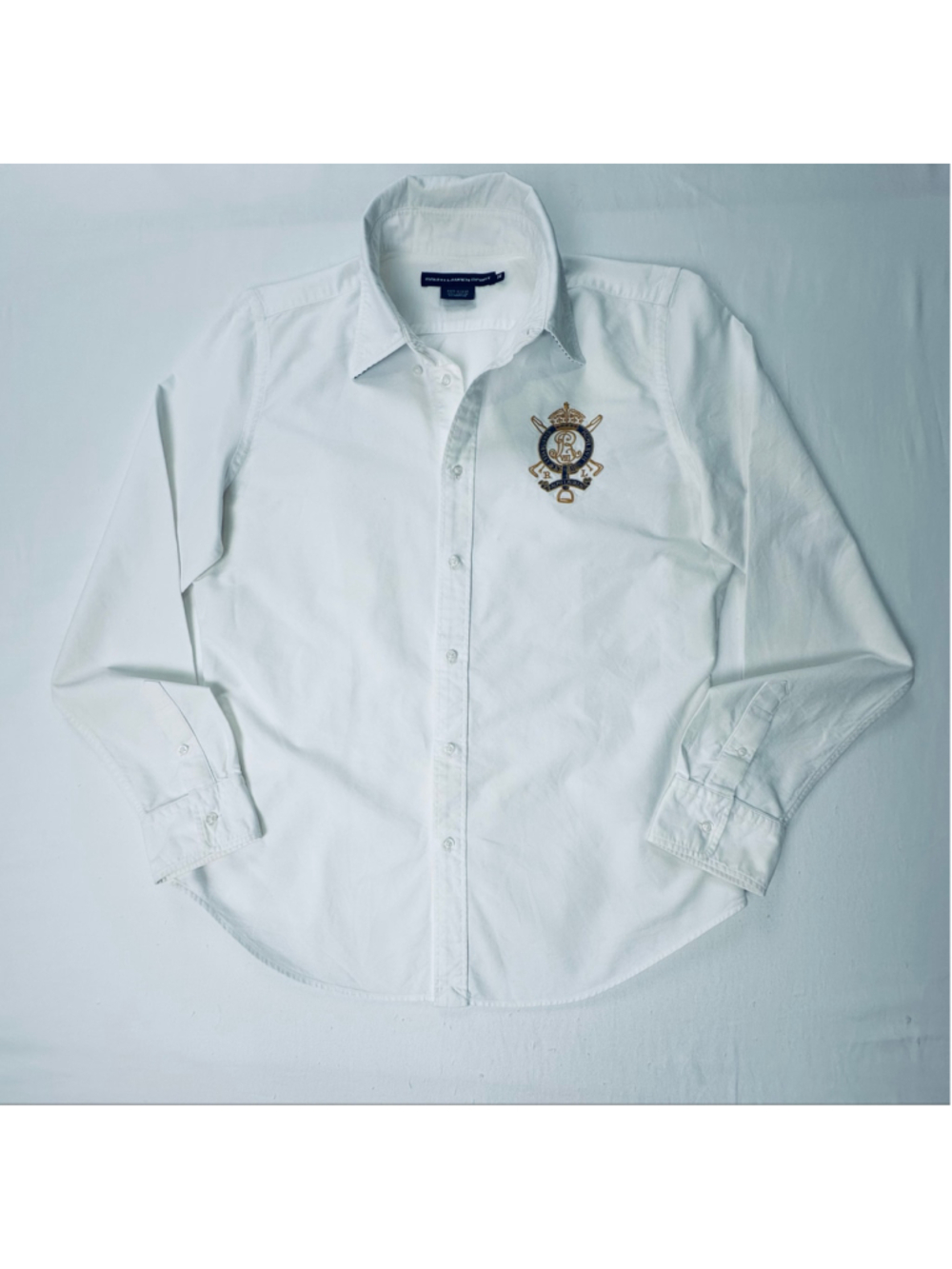 Vintage Ralph Lauren Sport Women’s 14 White Oxford Crest Contrast Collar Shirt - Picture 2 of 13